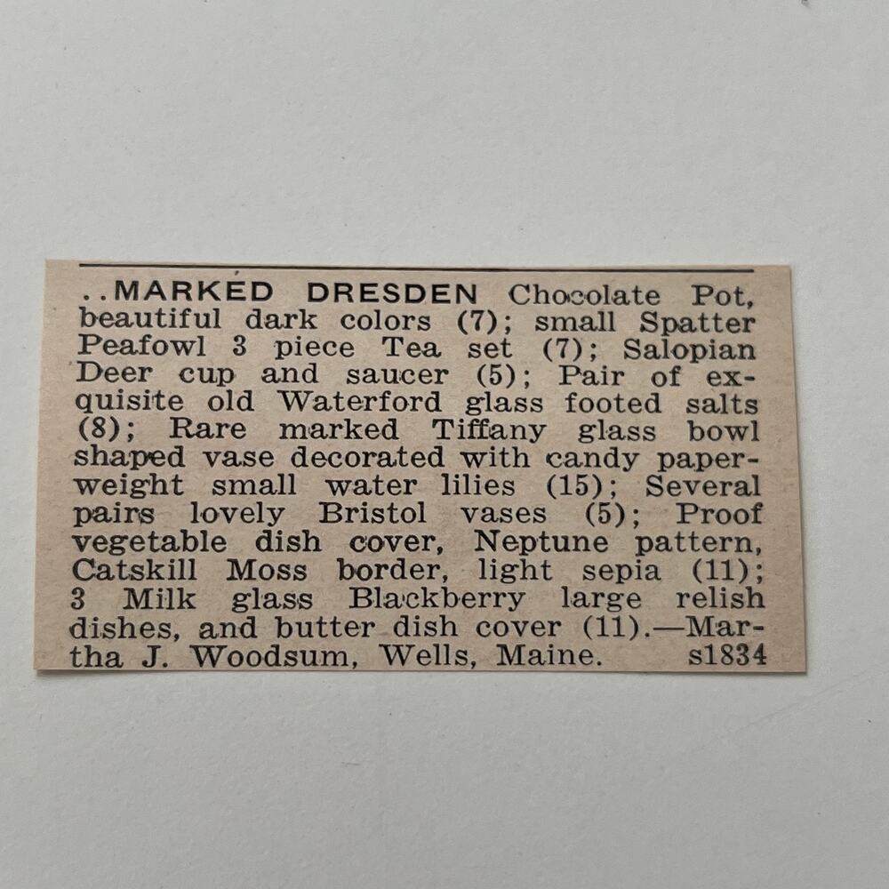 Marked Dresden Chocolate Pot Martha Woodsum Wells ME 1943 Clipping SAI7-S92 - Picture 2 of 2